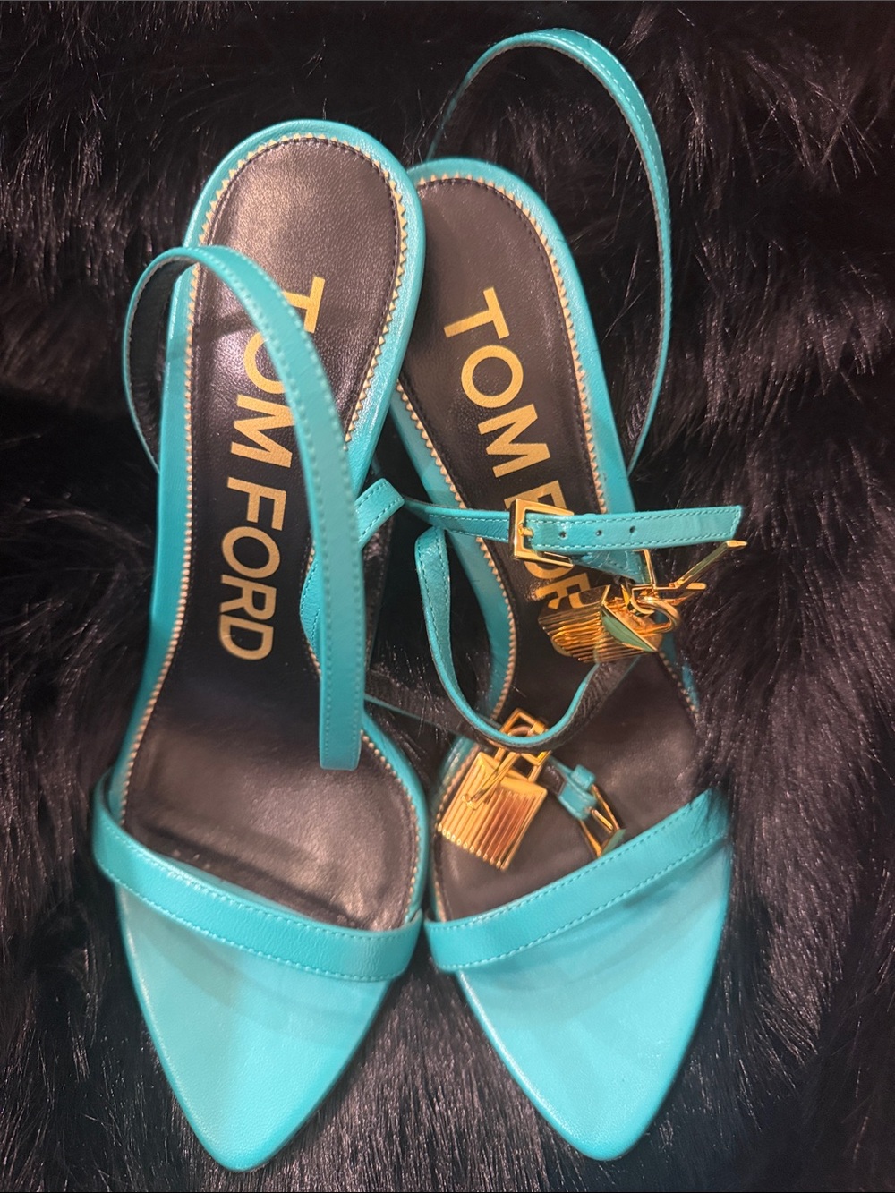 Tom Ford Turquoise Strappy Stiletto Sandals with Gold Heel